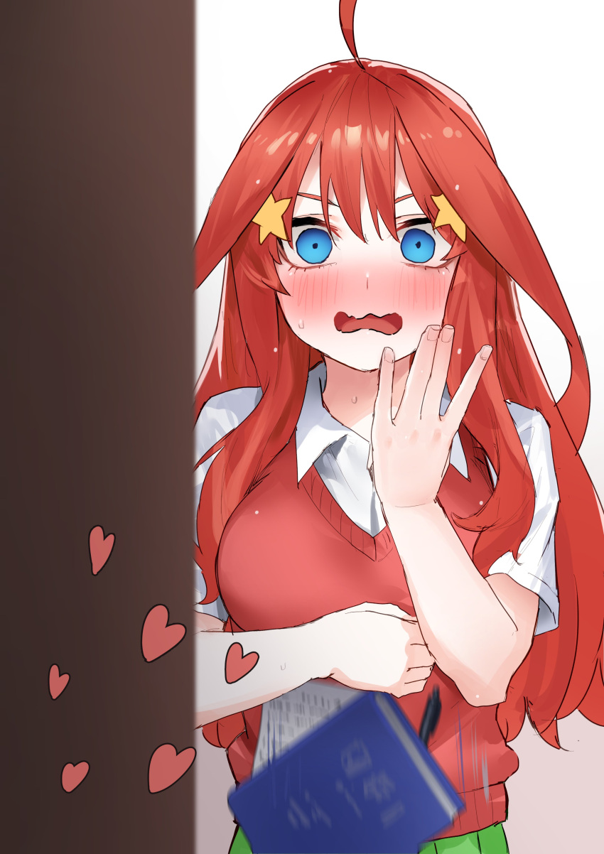 1girl absurdres ahoge amog blue_eyes blush book breasts collared_shirt commentary_request double-parted_bangs embarrassed eyebrows_hidden_by_hair falling_books full-face_blush go-toubun_no_hanayome hair_between_eyes hair_ornament hair_spread_out hand_up heart highres holding holding_book large_breasts long_hair looking_at_viewer motion_blur nakano_itsuki nose_blush open_mouth paid_reward_available red_hair red_sweater_vest school_uniform shirt sidelocks simple_background solo speech_bubble star_(symbol) star_hair_ornament surprised sweat sweater_vest v-shaped_eyebrows very_long_hair voyeurism wavy_mouth white_background white_shirt wide-eyed