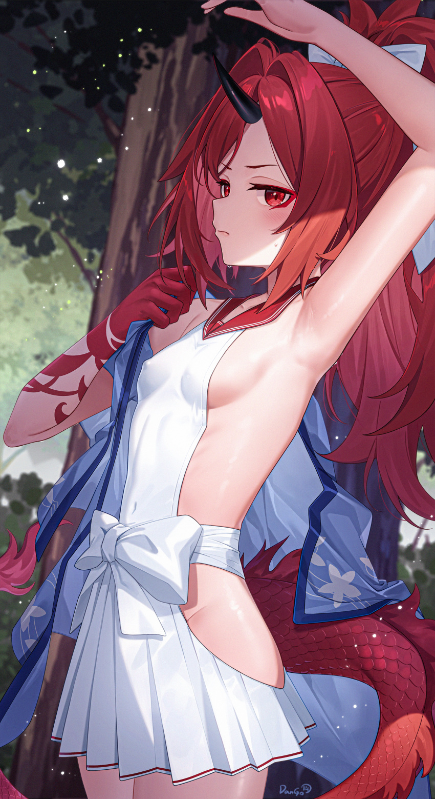 1girl absurdres armpits artist_name black_horns blue_archive blush breasts closed_mouth cowboy_shot dango_remi dragon_horns dragon_tail highres horns long_hair pleated_skirt ponytail red_eyes red_hair red_tail renge_(blue_archive) sideboob signature single_horn skirt sleeveless small_breasts solo tail tree white_skirt