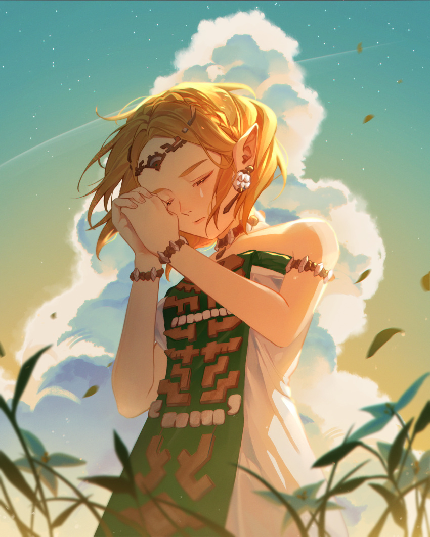 1girl absurdres armlet blonde_hair bracelet circlet closed_eyes cloud cumulonimbus_cloud dress earrings gradient_sky grass green_tabard highres jewelry own_hands_clasped own_hands_together panwhatcake pointy_ears praying princess_zelda short_hair sky solo star_(sky) strapless strapless_dress tabard the_legend_of_zelda the_legend_of_zelda:_tears_of_the_kingdom white_dress