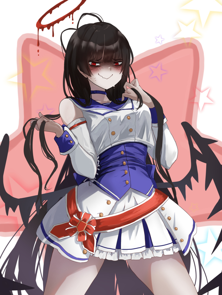 1girl antenna_hair bare_shoulders black_hair black_wings blue_archive blue_choker blush breasts choker closed_mouth cowboy_shot detached_collar halo highres komena_(shinyday312) large_breasts long_hair looking_at_viewer melting_halo mischievous_straight_uniform_(blue_archive) pleated_skirt red_eyes red_halo skirt solo star_(symbol) tsurugi_(blue_archive) wavy_mouth white_skirt wings