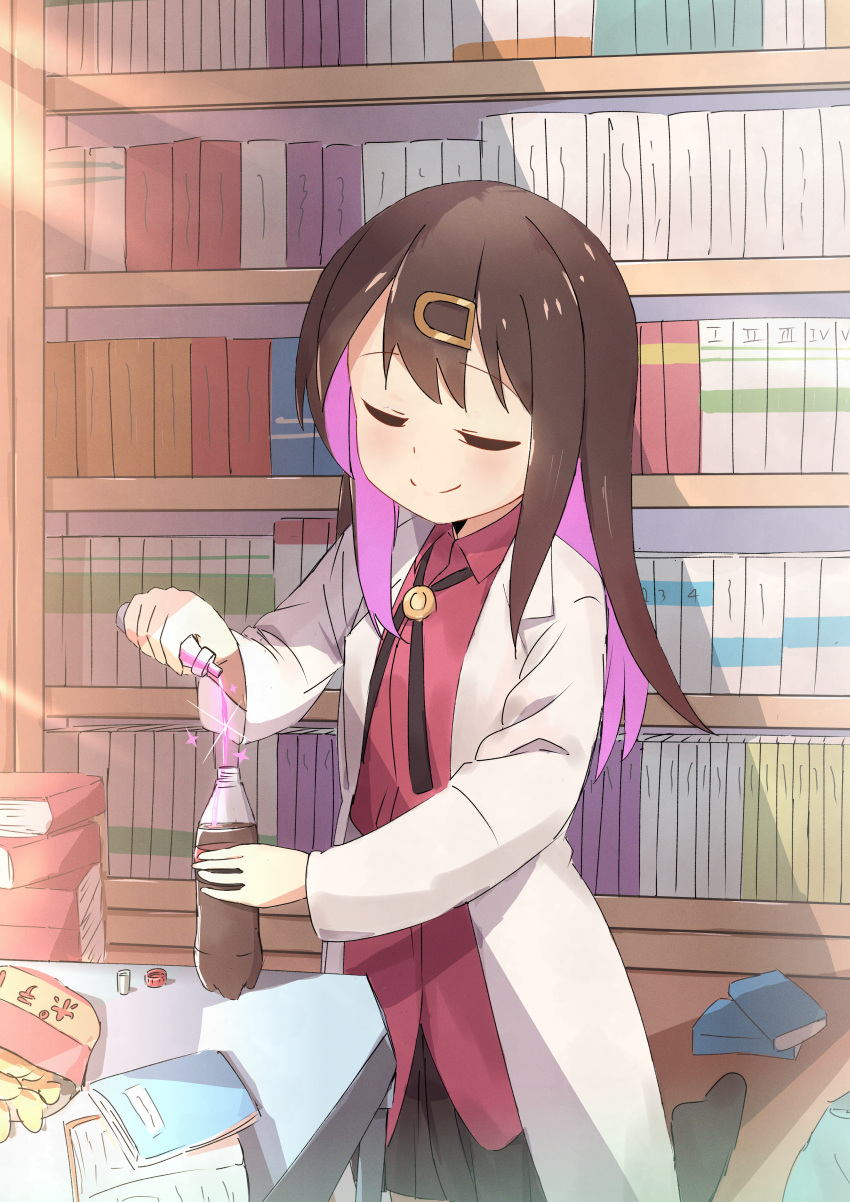 1girl absurdres book bookshelf bottle chips_(food) closed_eyes cola food hair_ornament highres kaai_yuu kneeling lab_coat long_hair long_sleeves neck_ribbon onii-chan_wa_oshimai! oyama_mihari parody potato_chips pouring ribbon skirt smile soda solo table the_milkmaid