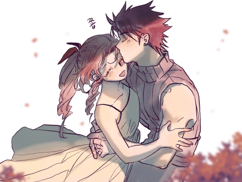 1boy 1girl aerith_gainsborough arms_around_waist belt black_hair blurry blush brown_hair closed_eyes commentary couple crisis_core_final_fantasy_vii depth_of_field dress earrings final_fantasy final_fantasy_vii foliage hair_ribbon hand_on_another's_arm happy hetero highres hug jewelry kiss kissing_forehead korean_text long_hair multiple_belts nul open_mouth pants parted_bangs ponytail red_petals red_ribbon ribbon short_hair sidelocks sleeveless sleeveless_turtleneck smile spiked_hair stud_earrings symbol-only_commentary translation_request turtleneck upper_body wavy_hair white_background white_dress zack_fair