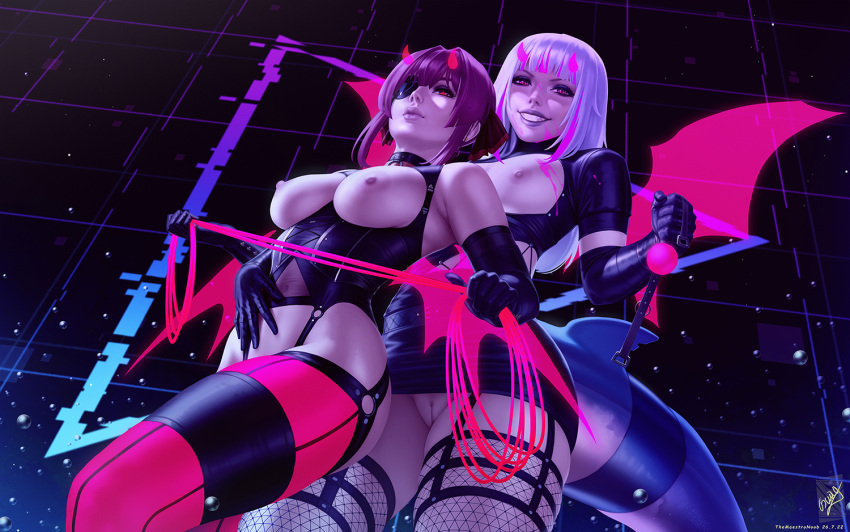 2girls alternate_costume ball_gag bare_shoulders black_background black_gloves black_panties black_thighhighs blood breasts cameltoe elbow_gloves feet_out_of_frame fins fish_tail gag gawr_gura gloves grey_hair grin holding holding_gag holding_whip hololive hololive_english horns houshou_marine large_breasts long_hair looking_at_viewer medium_breasts multicolored_hair multiple_girls nipples panties pink_blood pussy red_hair red_horns reflect_(gawr_gura) shark_girl shark_tail shiny_skin smile streaked_hair tail teeth themaestronoob thighhighs two-tone_hair underwear unworn_gag virtual_youtuber wings