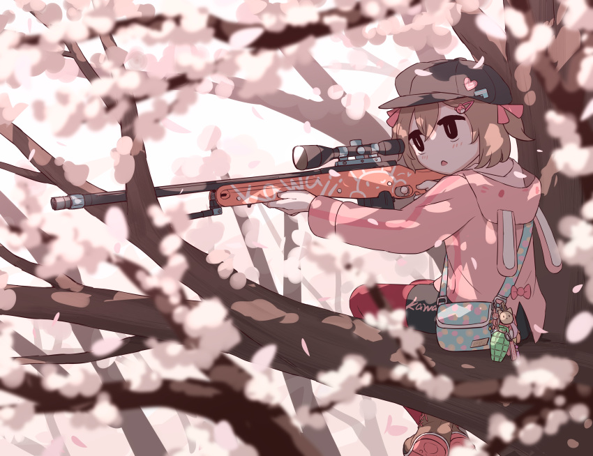 1girl absurdres aiming animal_hood avogado6 bag bag_charm black_eyes black_headwear black_shorts blush boots brown_hair cabbie_hat charm_(object) cherry_blossoms child commentary crossed_ankles dappled_sunlight explosive foliage from_side grenade gun hair_ornament hair_ribbon hairclip hat highres holding holding_gun holding_weapon hood hood_down hoodie in_tree kawaii_girl_(avogado6) long_sleeves open_mouth original outdoors pantyhose pantyhose_under_shorts pink_hoodie pink_pantyhose pink_ribbon rabbit_hood ribbon rifle scope short_hair shorts shoulder_bag sitting sitting_in_tree sniper_rifle solo sunlight tree two_side_up weapon