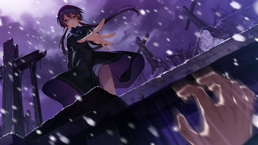 1girl black_hair black_shirt black_skirt blue_bow blue_bowtie bow bowtie butterfly_seeker closed_mouth cloud cloudy_sky floating_hair from_below game_cg glasses hatori_piyoko himuro_chitose long_hair long_skirt long_sleeves looking_at_viewer looking_down low_twintails outstretched_hand pov rectangular_eyewear red_eyes shiny shiny_hair shirt skirt sky snowing solo_focus twintails very_long_hair