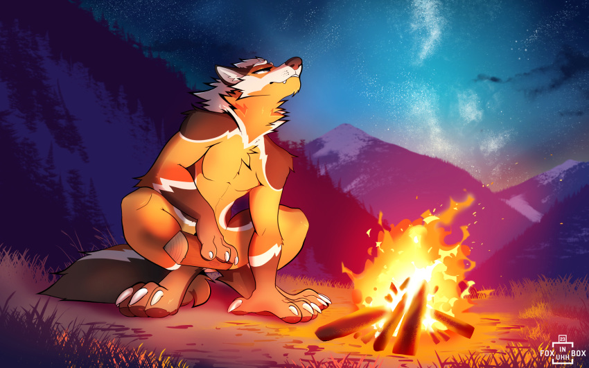 16:10 2023 3_toes 4_fingers anthro arm_tuft artist_logo artist_name athletic athletic_male biped black_body black_fur black_nose campfire canid canine casual_nudity chest_tuft claws convenient_censorship crouching cute_fangs digital_drawing_(artwork) digital_media_(artwork) digitigrade elbow_tuft eyebrows feet finger_claws fingers fire fluffy fluffy_tail forest foxinuhhbox fur grass half-closed_eyes handpaw hi_res hindpaw holding_log holding_object inner_ear_fluff landscape log logo looking_up male mammal milky_way mountain mouth_closed multicolored_body multicolored_fur narrowed_eyes nature neck_tuft night nude orange_body orange_fur outdoor_nudity outside paws plant shoulder_tuft sky solo star stargazing starry_sky tail toe_claws toes tree tuft were werecanid werecanine werewolf white_body white_claws white_eyebrows white_fur white_inner_ear_fluff widescreen wood