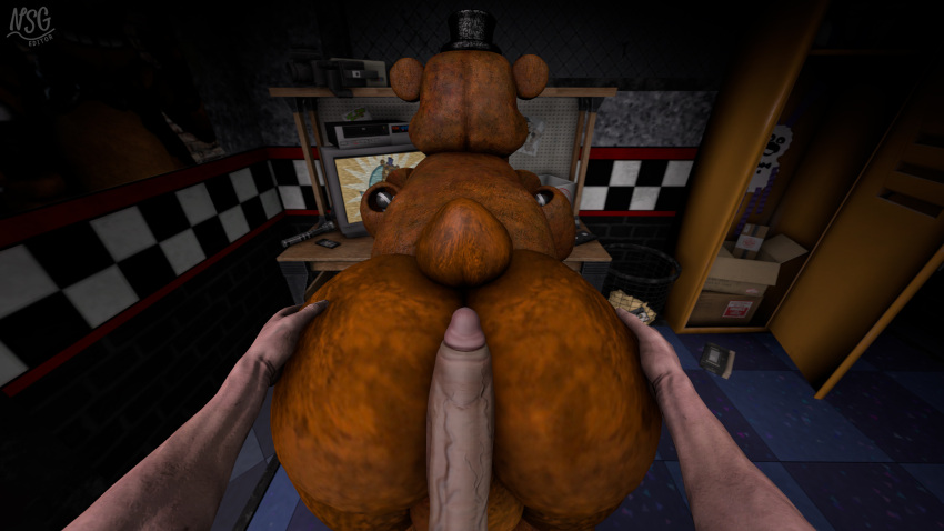 3d_(artwork) absurd_res animatronic anthro balls bear big_butt box brown_body butt camera cassette_player cassette_tape clothing container controller digital_media_(artwork) drawing duo electronics five_nights_at_freddy's flashlight_(object) freddy_(fnaf) from_behind_position genitals hand_on_butt hat headgear headwear hi_res hot_dogging huge_butt human human_on_anthro interspecies leaning leaning_on_table locker machine male male/male mammal nsg_editor nude penis penis_on_butt poster_(object) remote_control robot scottgames security security_guard sex source_filmmaker tail television thick_thighs top_hat trash_can ursine vein veiny_penis vhs_tape watermark wide_hips