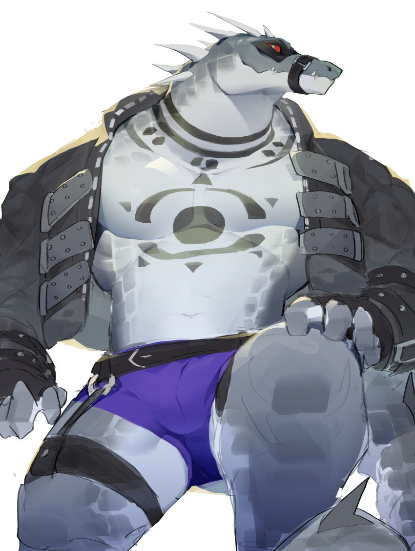 1boy abs absurdres bara black_mask bulge crocodile_boy crocodilian_tail daylon_(sobek)_(dislyte) dislyte fangs fangs_out fingerless_gloves furry furry_male gloves grey_jacket highres jacket looking_at_viewer loss_kim male_focus male_underwear muscular muscular_male muzzle pectorals profile purple_male_underwear red_eyes smile tail underwear white_background white_eyes