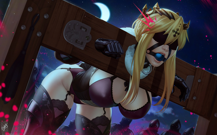 1girl 6+boys armored_boots artoria_pendragon_(fate) artoria_pendragon_(lancer)_(fate) ball_gag bdsm bent_over black_blindfold blindfold blonde_hair boots bra braid breasts corset covered_eyes covered_nipples cross crown drooling english_commentary fate/grand_order fate_(series) french_braid fur_collar gag gag_harness gagged gauntlets hair_between_eyes hair_bun hanging_breasts highres lace-trimmed_bra lace-trimmed_legwear lace_trim large_breasts lingerie lips multiple_boys night nose o-ring one_eye_covered outdoors pale_skin panties pillory purple_bra purple_eyes purple_garter_belt purple_panties restrained saliva short_hair_with_long_locks single_hair_bun skindentation stationary_restraints themaestronoob thigh_boots thighhighs thighhighs_under_boots underwear