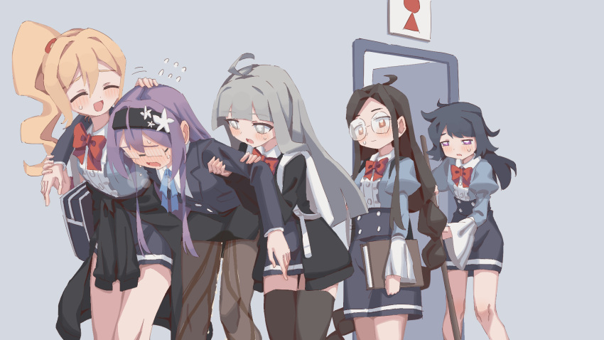 5girls ^_^ ahoge arm_around_neck arm_up arms_at_sides backpack bag bathroom_sign bent_over black_hair black_hairband black_jacket black_pantyhose black_skirt black_thighhighs blonde_hair blue_ribbon blue_shirt blue_skirt blunt_bangs blush book bow bowtie breasts breath brown_hair buttons center_frills closed_eyes closed_mouth collared_shirt collibe_(rune_(dualhart)) commentary_request cowboy_shot dianthe_(rune_(dualhart)) door ear_blush embarrassed english_commentary faceless faceless_female facing_another flat_chest flying_sweatdrops frills full-face_blush glasses grey_eyes grey_hair hair_between_eyes hair_ornament hairband half-closed_eyes hand_on_another's_head hands_up headpat high-waist_skirt highres hime_cut holding holding_another's_arm holding_another's_wrist holding_book holding_mop indoors jacket juliet_sleeves leaning_forward legs_together long_hair long_sleeves looking_to_the_side low-tied_long_hair messy_hair miniskirt mixed-language_commentary mop motion_lines multi-tied_hair multiple_girls neck_ribbon nervous nervous_smile open_mouth orange_eyes original pantyhose partial_commentary pee peed_self pencil_skirt pocket puffy_sleeves purple_eyes purple_hair raised_eyebrows red_bow red_bowtie ribbon round_eyewear rune_(dualhart) semi-rimless_eyewear shirt shirt_tucked_in shoulder_bag side_ponytail side_slit sidelocks sign skirt small_breasts smile standing sweat teacher thighhighs thighs very_long_hair victoria_(rune_(dualhart)) wavy_mouth wet wet_clothes wet_pantyhose wet_skirt white_shirt wide_sleeves yurina_(rune_(dualhart)) zettai_ryouiki zofia_(rune_(dualhart))
