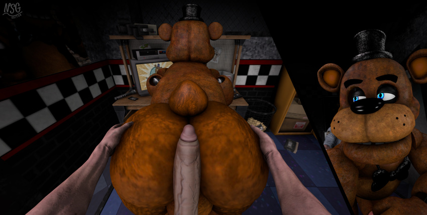 3d_(artwork) absurd_res animatronic anthro balls bear big_butt black_nose blue_eyes bow_tie box brown_body brows butt camera cassette_player cassette_tape close-up clothing container controller digital_media_(artwork) drawing duo electronics face_closeup five_nights_at_freddy's flashlight_(object) freddy_(fnaf) from_behind_position genitals glowing glowing_eyes hand_on_butt hat headgear headwear hi_res hot_dogging huge_butt human human_on_anthro interspecies leaning leaning_on_table locker looking_back machine male male/male mammal nsg_editor nude penis penis_on_butt poster_(object) remote_control robot scottgames security security_guard sex smile source_filmmaker tail teeth television thick_thighs top_hat trash_can ursine vein veiny_penis vhs_tape watermark wide_hips