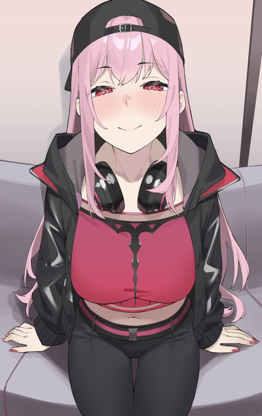 1girl absurdres backwards_hat baseball_cap belt black_headwear black_jacket black_pants blush breasts byeon_dha crop_top hat headphones headphones_around_neck highres hololive hololive_english hood hooded_jacket jacket large_breasts long_hair long_sleeves looking_at_viewer midriff mori_calliope mori_calliope_(new_underworld_order) mori_calliope_(streetwear) navel nose_blush official_alternate_costume pants pink_hair q_(hololive) red_eyes red_nails red_shirt shirt sitting smile solo very_long_hair virtual_youtuber