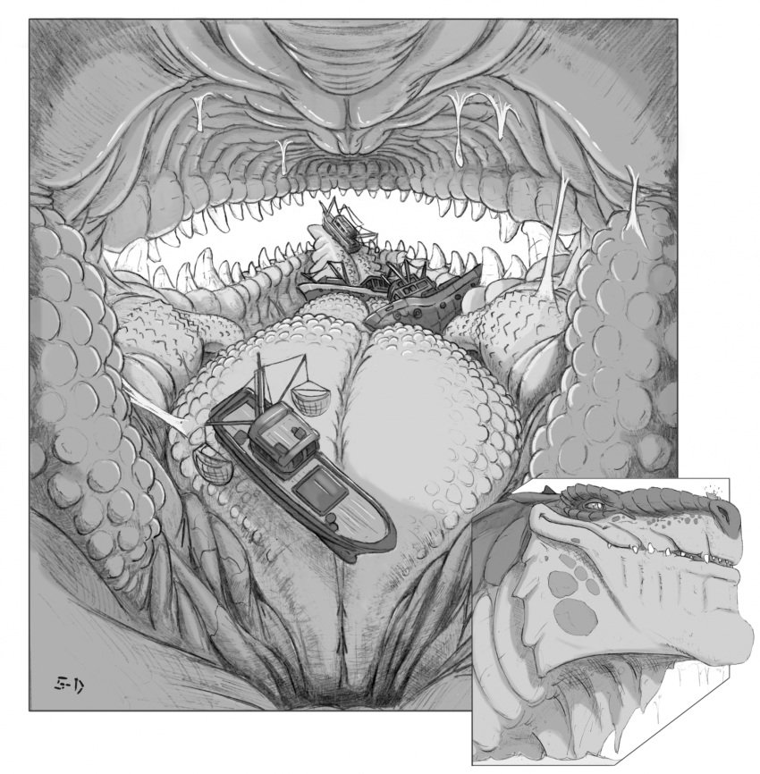 2024 5-d ambiguous_gender artist_name boat bodily_fluids cutaway feral feral_pred fishing_net godzilla_(series) greyscale hi_res inside_mouth macro macro_pred monochrome net object_vore open_mouth oral_vore reptile saliva scalie snout solo toho tongue unusual_anatomy unusual_tongue vehicle vore watercraft watermark zilla