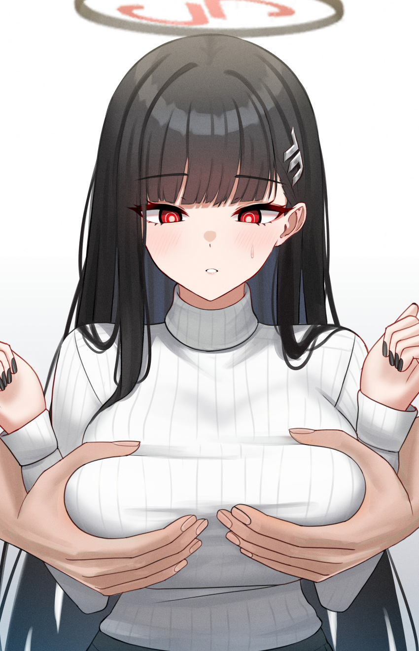 1girl absurdres black_hair blue_archive blunt_bangs blush breasts bright_pupils disembodied_limb grabbing grabbing_another's_breast grabbing_from_behind groping hair_ornament hairclip halo hetero highres large_breasts long_hair long_sleeves looking_at_viewer mijikayo molestation red_eyes rio_(blue_archive) simple_background solo sweater turtleneck turtleneck_sweater very_long_hair white_background white_sweater