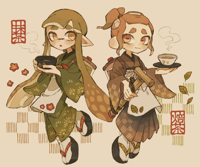 1boy 1girl :o brown_eyes brown_hair closed_mouth commentary_request cup flower green_eyes green_hair hakama haori highres holding holding_plate ink_tank_(splatoon) inkling_girl inkling_player_character japanese_clothes kimono long_hair octoling_boy octoling_player_character okobo p0m4_p0m4 parted_lips plate pointy_ears red_flower sandals short_hair smile splatoon_(series) splatoon_3 steam tentacle_hair thick_eyebrows white_background