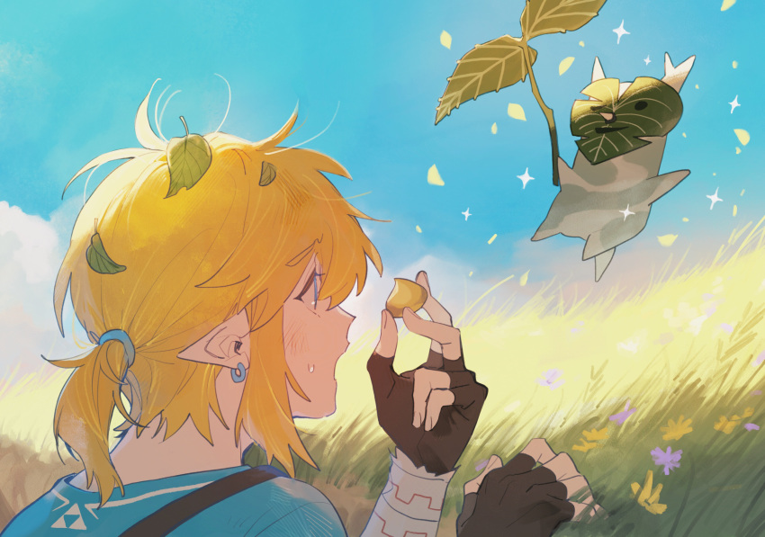 1boy blonde_hair blue_sky champion's_tunic_(zelda) earrings fingerless_gloves gloves grass highres jewelry korok korok_seed leaf link male_focus pointy_ears shikiri short_hair short_ponytail sidelocks sky the_legend_of_zelda the_legend_of_zelda:_breath_of_the_wild