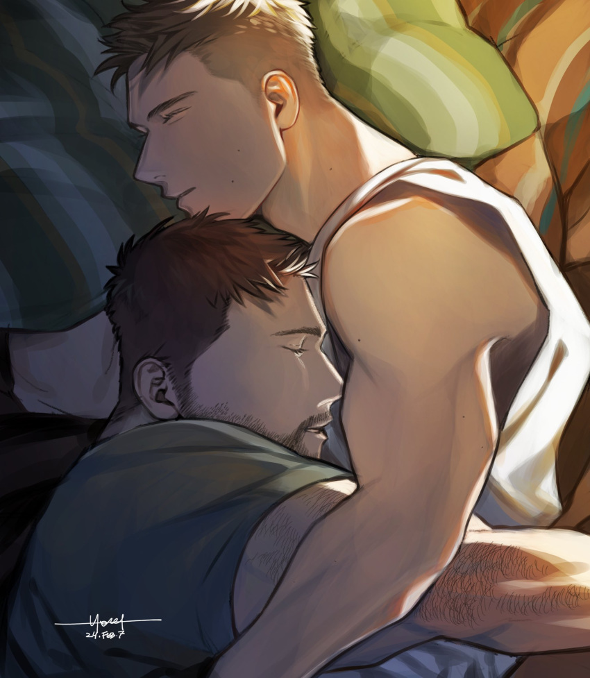 2boys artist_name bara bed black_hair brown_hair chris_redfield closed_eyes closed_mouth couple dated facial_hair green_shirt highres lying male_focus moto23059 multiple_boys muscular muscular_male on_bed on_side piers_nivans resident_evil resident_evil_6 shirt short_hair sleeping tank_top white_tank_top yaoi