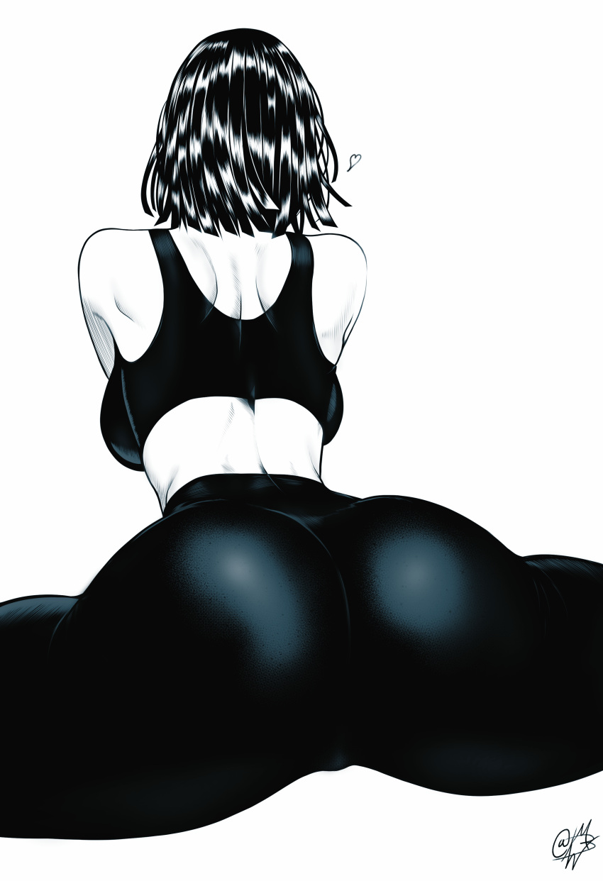 1girl absurdres ass ass_focus backboob bare_shoulders breasts commentary english_commentary facing_away from_behind fubuki_(one-punch_man) heart highres large_breasts median_furrow midriff monochrome mostlybluewyatt one-punch_man pants short_hair shoulder_blades signature simple_background solo split sports_bra yoga_pants