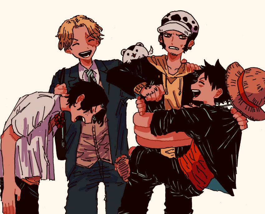 4boys bag black_hair black_jacket black_pants blonde_hair closed_eyes commentary_request dog earrings freckles fur_hat hand_tattoo hat highres hood hoodie hug jacket jewelry long_sleeves looking_at_another maeda_(crast_1) male_focus monkey_d._luffy multiple_boys one_piece open_mouth pants portgas_d._ace sabo_(one_piece) scar scar_on_cheek scar_on_face school_bag school_uniform shirt short_hair short_sleeves smile straw_hat stretched_limb tattoo teeth trafalgar_law vest white_shirt yaoi yellow_eyes yellow_hoodie