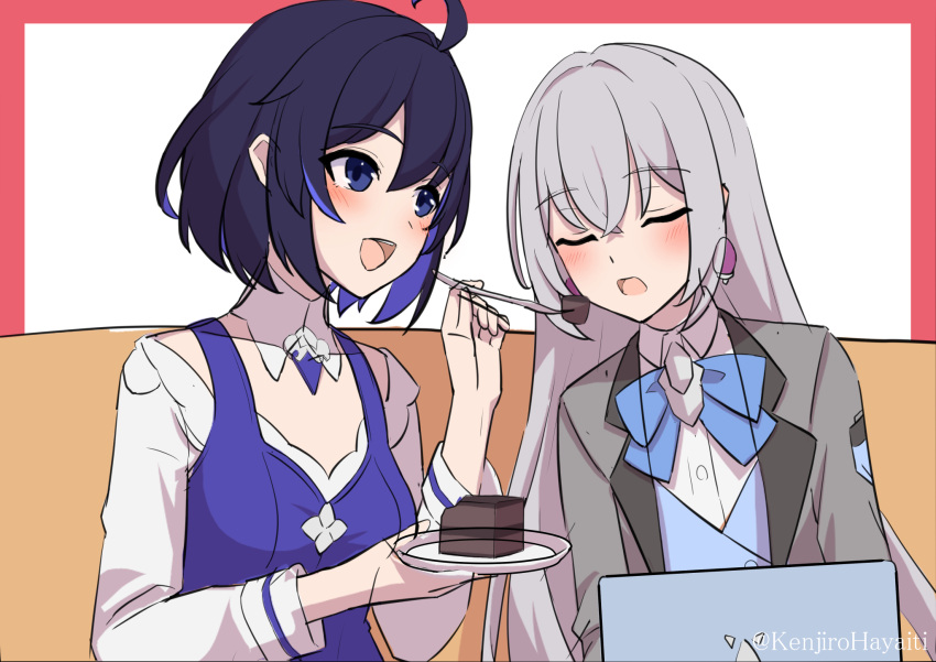 2girls blue_eyes blue_hair blush breasts bronya_zaychik cake colored_inner_hair computer earrings feeding flat_chest food fork grey_hair happy highres holding holding_fork honkai_(series) honkai_impact_3rd jewelry kenjirohayamiti laptop long_hair multicolored_hair multiple_girls open_mouth plate seele_vollerei simple_background small_breasts twitter_username white_sleeves