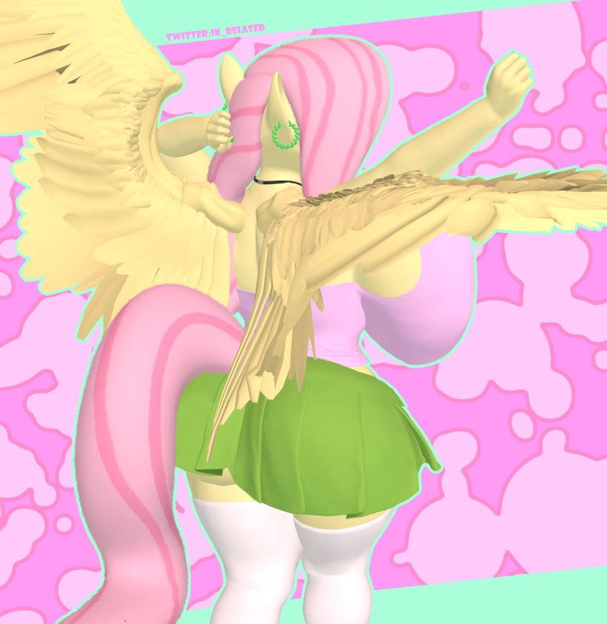 3d_(artwork) anthro big_breasts breasts butt choker clothing digital_media_(artwork) ear_piercing ear_ring equid equine feathered_wings feathers female fluttershy_(mlp) friendship_is_magic hair hasbro hi_res horse ik_related jewelry looking_at_viewer mammal multicolored_hair my_little_pony necklace nipples pegasus piercing pink_hair pony rear_view ring_piercing side_boob simple_background smile solo tail wings yellow_body