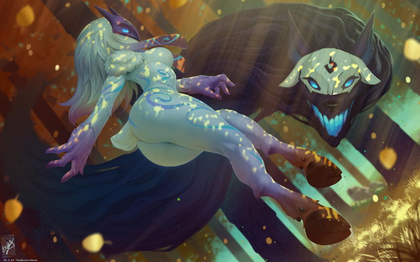 1girl animal_ears artist_name ass blue_eyes body_fur body_markings colored_skin completely_nude dated forest from_behind furry furry_female glowing glowing_eyes grass grey_fur grey_skin highres hooves kindred_(league_of_legends) lamb_(league_of_legends) league_of_legends mask nature nude open_mouth outdoors petals sheep_ears sheep_tail signature tail themaestronoob wolf_(league_of_legends)