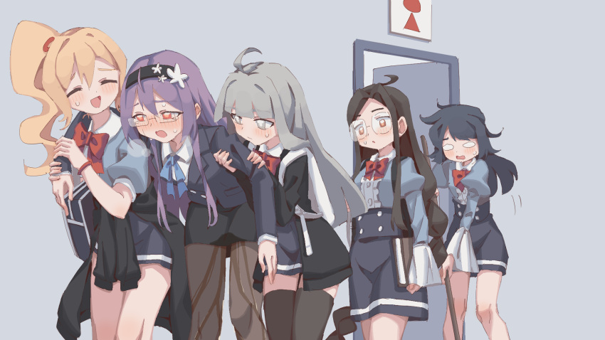 5girls ^_^ ahoge arm_around_neck arm_up arms_at_sides backpack bag bathroom_sign black_hair black_hairband black_jacket black_pantyhose black_skirt black_thighhighs blank_eyes blonde_hair blue_ribbon blue_shirt blue_skirt blunt_bangs blush book bow bowtie breasts brown_hair buttons center_frills closed_eyes closed_mouth collared_shirt collibe_(rune_(dualhart)) commentary_request cowboy_shot dianthe_(rune_(dualhart)) door ear_blush embarrassed english_commentary facing_another flat_chest frills glasses grey_eyes grey_hair hair_between_eyes hair_ornament hairband hands_up high-waist_skirt highres hime_cut holding holding_another's_arm holding_another's_wrist holding_book holding_mop indoors jacket juliet_sleeves leaning_forward legs_together long_hair long_sleeves looking_at_another low-tied_long_hair messy_hair miniskirt mixed-language_commentary mop motion_lines multi-tied_hair multiple_girls neck_ribbon nervous nervous_smile nose_blush o_o open_mouth orange_eyes original pantyhose partial_commentary pee peed_self pencil_skirt pocket puffy_short_sleeves puffy_sleeves purple_hair raised_eyebrows red_bow red_bowtie red_eyes ribbon round_eyewear rune_(dualhart) semi-rimless_eyewear shirt shirt_tucked_in short_sleeves shoulder_bag side_ponytail sidelocks sign skirt small_breasts smile standing sweat teacher tears thighhighs thighs very_long_hair victoria_(rune_(dualhart)) wet wet_clothes wet_pantyhose wet_skirt white_eyes white_shirt wide_sleeves yellow_pupils yurina_(rune_(dualhart)) zettai_ryouiki zofia_(rune_(dualhart))