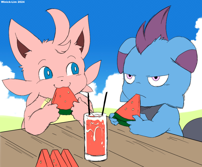 2024 ambiguous_gender anthro artist_name beverage blue_body cattiva day depresso detailed_background duo eating food fruit furniture glass hi_res looking_at_another melon outside pal_(species) palworld pink_body plant table watermelon watermelon_slice winick-lim