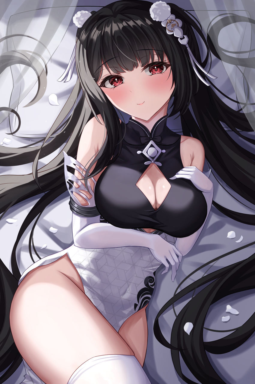 1girl absurdly_long_hair absurdres azur_lane bare_shoulders black_hair breasts china_dress chinese_clothes cleavage cleavage_cutout clothing_cutout covered_navel cutout_above_navel dress elbow_gloves gloves hand_on_own_chest highres kuon_(kuon) large_breasts long_hair official_alternate_costume official_alternate_hairstyle pelvic_curtain petals peter_strasser_(azur_lane) peter_strasser_(lustrous_jade_of_the_golden_house)_(azur_lane) sleeveless sleeveless_dress smile twintails two-tone_dress very_long_hair white_gloves