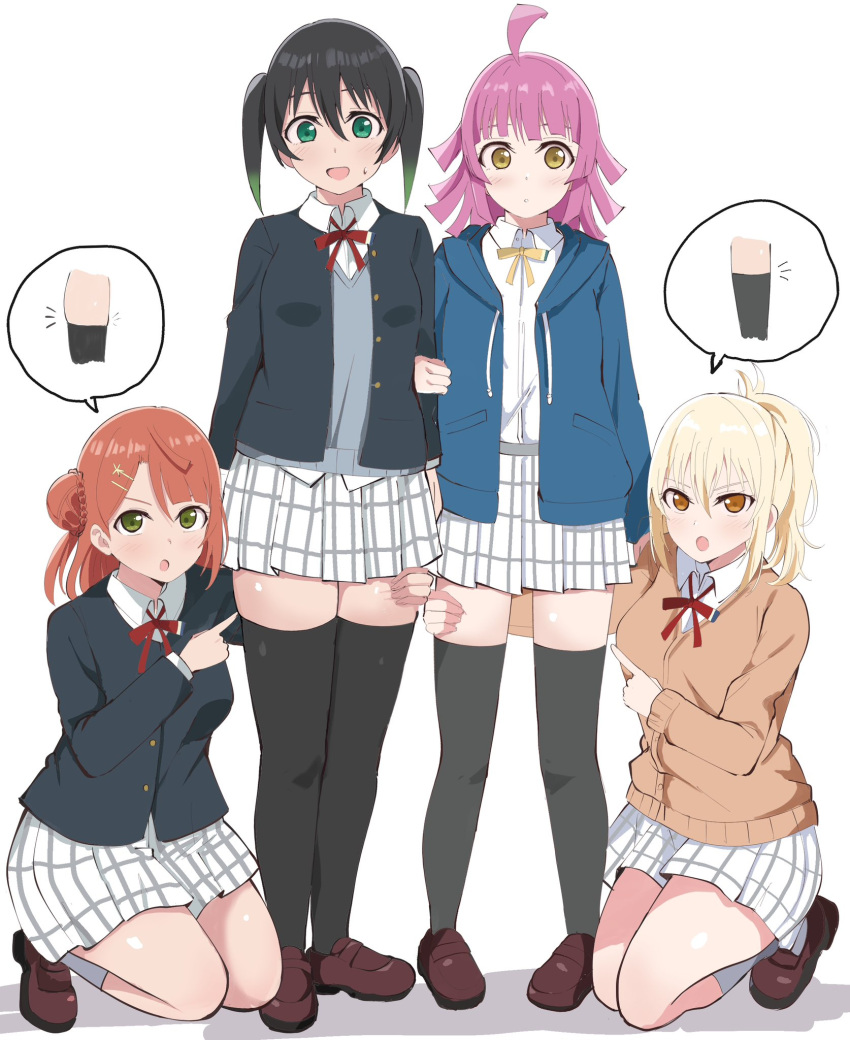 4girls ahoge arm_grab black_hair black_jacket black_thighhighs blonde_hair blue_jacket blunt_bangs breasts brown_cardigan brown_footwear cardigan collared_shirt commentary gradient_hair green_eyes green_hair grey_vest hair_between_eyes hair_bun hair_ornament hairclip hand_on_another's_thigh highres hood hooded_jacket jacket kneeling loafers long_sleeves looking_at_viewer love_live! love_live!_nijigasaki_high_school_idol_club medium_breasts medium_hair miniskirt miyashita_ai multicolored_hair multiple_girls neck_ribbon nijigasaki_academy_school_uniform open_clothes open_jacket open_mouth plaid plaid_skirt pleated_skirt pointing ponytail red_hair red_ribbon ribbon school_uniform shirt shoes sidelocks single_side_bun skirt standing swept_bangs takasaki_yuu tennouji_rina thighhighs twintails uehara_ayumu v-shaped_eyebrows vest wewe white_background white_shirt white_skirt winter_uniform yellow_eyes yellow_ribbon zettai_ryouiki