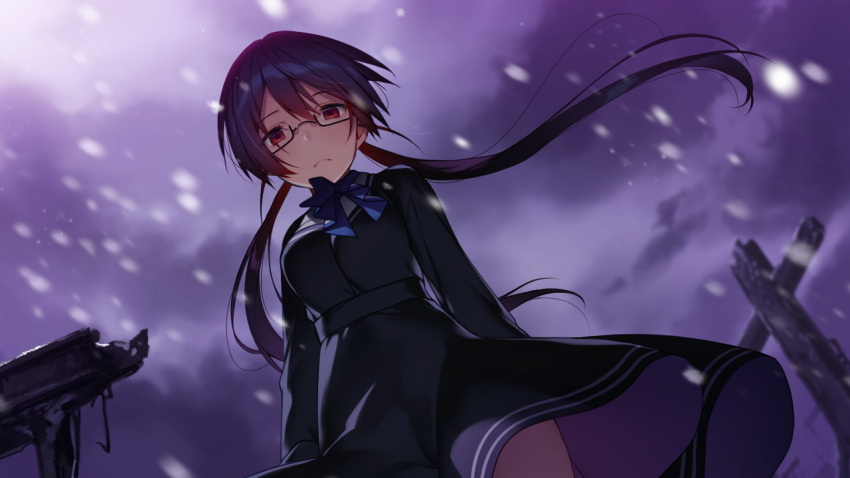 1girl bangs black_hair black_shirt black_skirt blue_bow blue_bowtie bow bowtie butterfly_seeker closed_mouth cloud cloudy_sky dutch_angle floating_hair from_below frown game_cg glasses hair_between_eyes hatori_piyoko himuro_chitose long_hair long_skirt long_sleeves looking_at_viewer looking_down low_twintails rectangular_eyewear red_eyes shiny shiny_hair shirt skirt sky snowing solo standing twintails very_long_hair