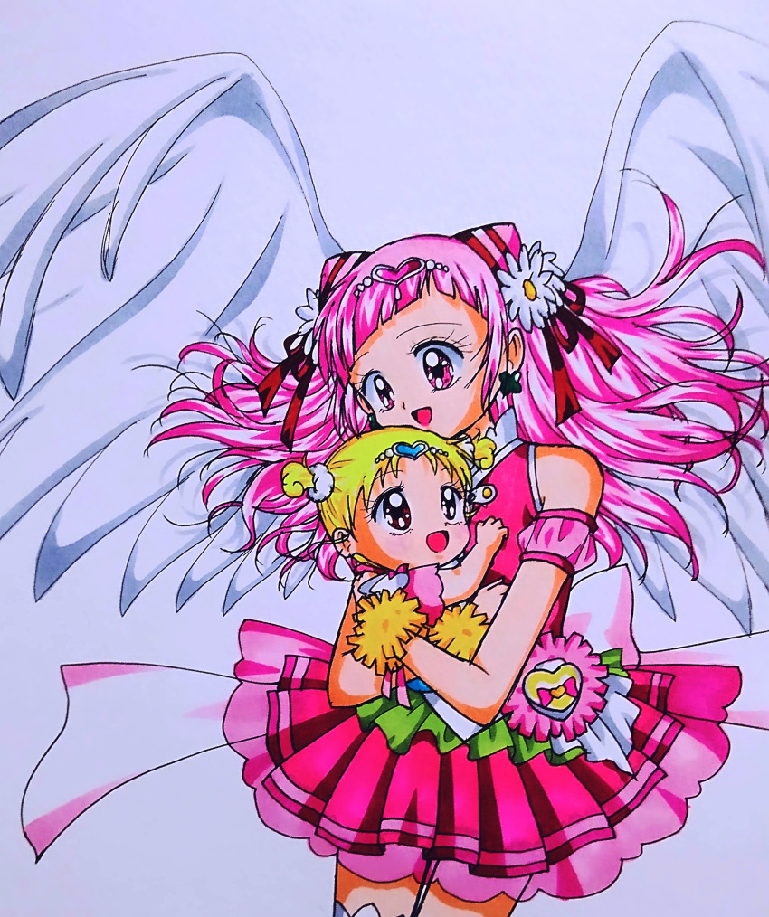 2girls absurdres angel_wings cure_yell highres hug-tan_(precure) hugtto!_precure multiple_girls nekomiya_byouhana pink_skirt precure skirt traditional_media wings