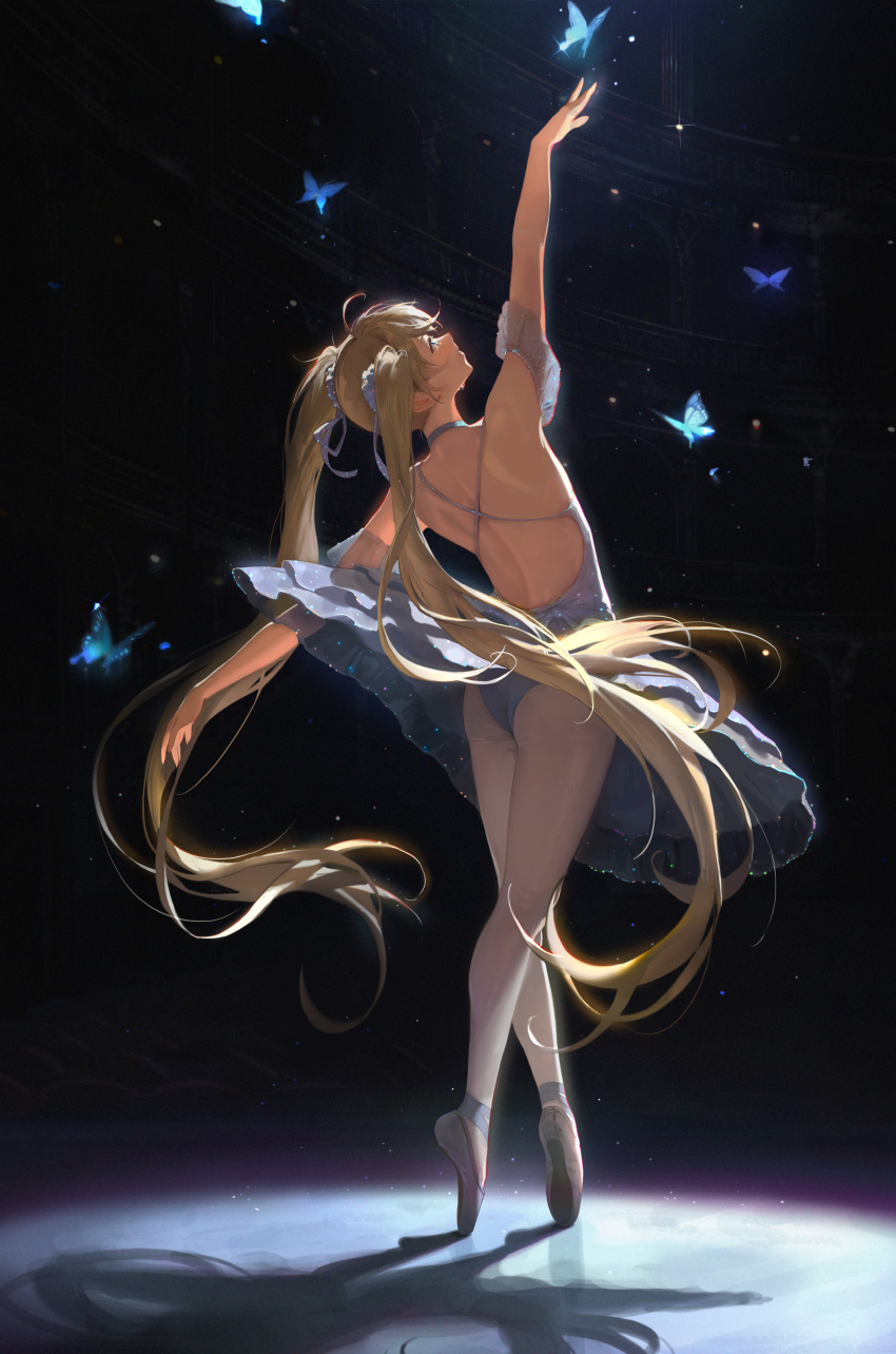 1girl absurdres ahoge arm_up armband ballerina ballet ballet_slippers bangsom bare_shoulders blonde_hair bug butterfly dancing dress en_pointe frilled_armband frills from_behind full_body glowing_butterfly grey_armband grey_dress grey_ribbon hair_ribbon highres legs long_hair looking_up original outstretched_arms pantyhose ribbon shadow solo spotlight stage_lights sweat tiptoes tutu twintails upskirt very_long_hair white_pantyhose
