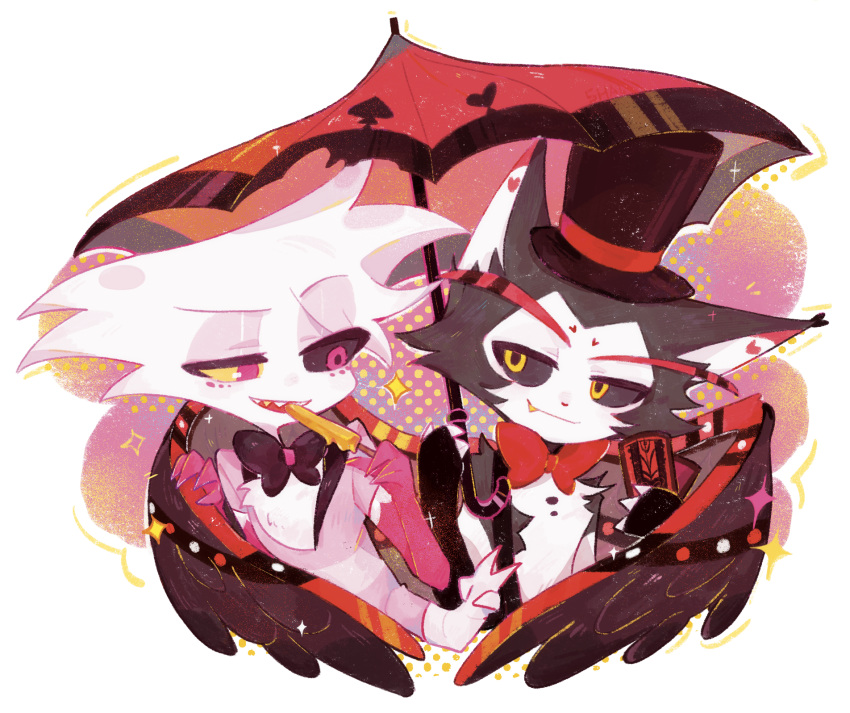 2boys angel_dust animal_ears animal_nose black_bow black_bowtie black_fur black_headwear black_sclera black_wings body_fur bow bowtie card cat_boy cat_ears closed_mouth colored_sclera commentary cropped_torso extra_arms fang fang_out food food_in_mouth furry furry_male gloves half-closed_eyes hand_on_another's_wing hat hazbin_hotel highres holding holding_card holding_food holding_popsicle holding_umbrella husk_(hazbin_hotel) jacket looking_at_another male_focus mismatched_sclera monster_boy multicolored_background multicolored_wings multiple_boys open_mouth pink_background pink_eyes pink_gloves pink_jacket playing_card popsicle popsicle_in_mouth purple_background red_bow red_bowtie red_umbrella red_wings shai_(keyichidexiaoye) shared_umbrella sharp_teeth simple_background smile sparkle striped_clothes striped_jacket suspenders symbol-only_commentary teeth top_hat traditional_bowtie two-tone_fur umbrella white_background white_fur white_gloves wings yellow_background yellow_eyes yellow_sclera yellow_teeth