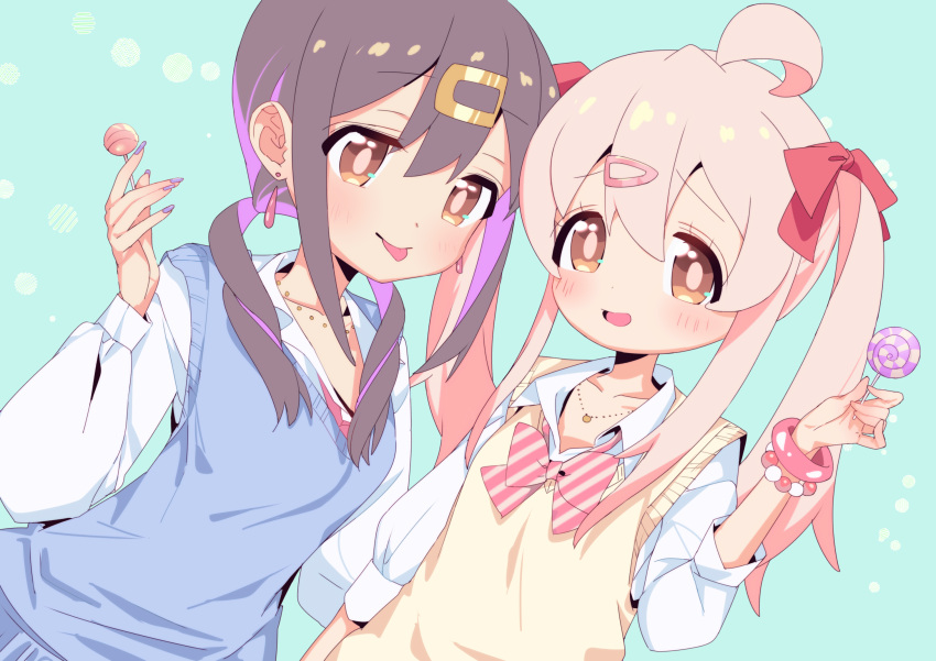 2girls :d :p ahoge aqua_background bead_bracelet beads black_hair blue_vest bracelet brown_eyes candy collarbone colored_inner_hair commentary earrings food gyaru hair_between_eyes hair_ornament hair_ribbon hairclip highres holding holding_candy holding_food holding_lollipop jewelry kogal lollipop long_hair long_sleeves looking_at_viewer low_twintails motituki0 multicolored_hair multiple_girls nail_polish necklace onii-chan_wa_oshimai! open_mouth oyama_mahiro oyama_mihari pink_hair purple_hair purple_nails red_ribbon ribbon shirt siblings simple_background sisters smile swirl_lollipop tongue tongue_out twintails two-tone_hair upper_body vest white_shirt yellow_vest