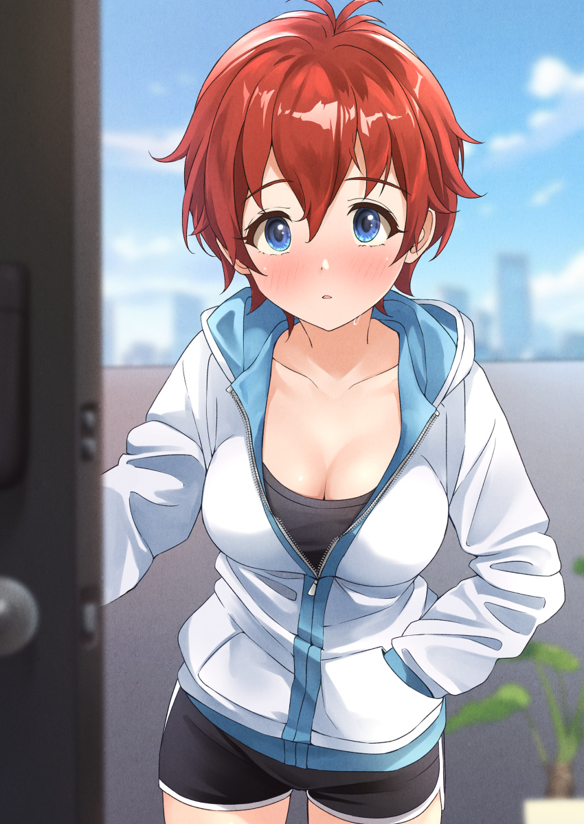 1girl :o absurdres b1ack_illust black_shorts blue_eyes blurry blurry_background blush breasts cleavage collarbone dolphin_shorts door hand_in_pocket highres hood hooded_jacket idolmaster idolmaster_million_live! jacket julia_(idolmaster) looking_at_viewer medium_breasts plant potted_plant red_hair short_hair shorts solo sweat track_jacket