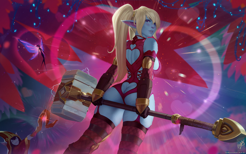 2girls alternate_breast_size alternate_costume alternate_height ass ass_support bare_shoulders blonde_hair brown_thighhighs butt_crack clothing_cutout garter_straps hammer heart_cutout highres holding holding_hammer holding_staff league_of_legends leotard looking_at_viewer looking_back lulu_(league_of_legends) magic multiple_girls pix_(league_of_legends) pointy_ears poppy_(league_of_legends) red_headwear red_leotard solo_focus staff themaestronoob thighhighs twintails