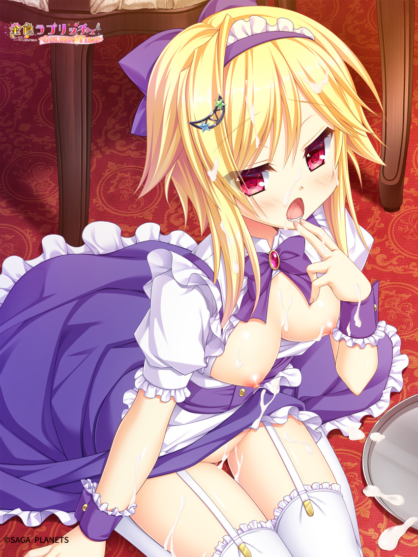 1girl alternate_costume apron arm_at_side blonde_hair blush bow breasts breasts_out company_name copyright_name cowboy_shot cream cream_on_breasts cream_on_face cream_on_leg crescent crescent_hair_ornament enmaided eyelashes eyes_visible_through_hair finger_to_mouth food food_on_face frilled_apron frilled_cuffs frilled_skirt frilled_thighhighs frills garter_straps hair_bow hair_ornament hairband hand_up highres indoors kin-iro_loveriche lower_teeth_only maid maid_apron maid_headdress medium_breasts medium_hair moribe_(rabumanyo) nipples no_bra no_panties official_art on_floor open_clothes open_mouth open_shirt puffy_short_sleeves puffy_sleeves purple_bow purple_hairband purple_skirt purple_wrist_cuffs red_eyes saliva sexually_suggestive shirt short_sleeves sitting skirt solo souma_ria star_(symbol) swept_bangs teeth thigh_gap thighhighs thighs tray wariza white_apron white_shirt white_thighhighs wrist_cuffs