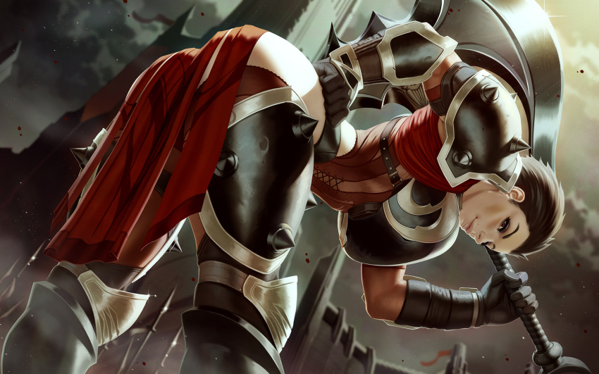 1girl armor ass axe bent_over bottomless breasts breasts_out brown_hair darius_(league_of_legends) elbow_gloves english_commentary feet_out_of_frame gauntlets genderswap genderswap_(mtf) gloves hanging_breasts highres holding holding_weapon large_breasts league_of_legends light_smile lips looking_at_viewer mole mole_above_mouth nipples nose pauldrons red_eyes red_thighhighs sash short_hair shoulder_armor solo themaestronoob thick_thighs thigh_armor thighhighs thighs uncensored underbust very_short_hair weapon