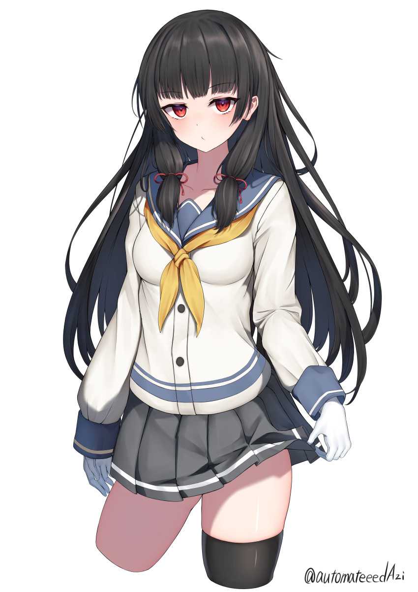 1girl absurdres black_hair black_thighhighs blue_sailor_collar breasts buttons cowboy_shot cropped_legs gloves grey_skirt hair_ribbon highres isokaze_(kancolle) kantai_collection long_hair looking_at_viewer m-&gt;g neckerchief pleated_skirt red_eyes red_ribbon ribbon sailor_collar simple_background single_thighhigh skirt solo thighhighs tress_ribbon twitter_username white_background white_gloves yellow_neckerchief