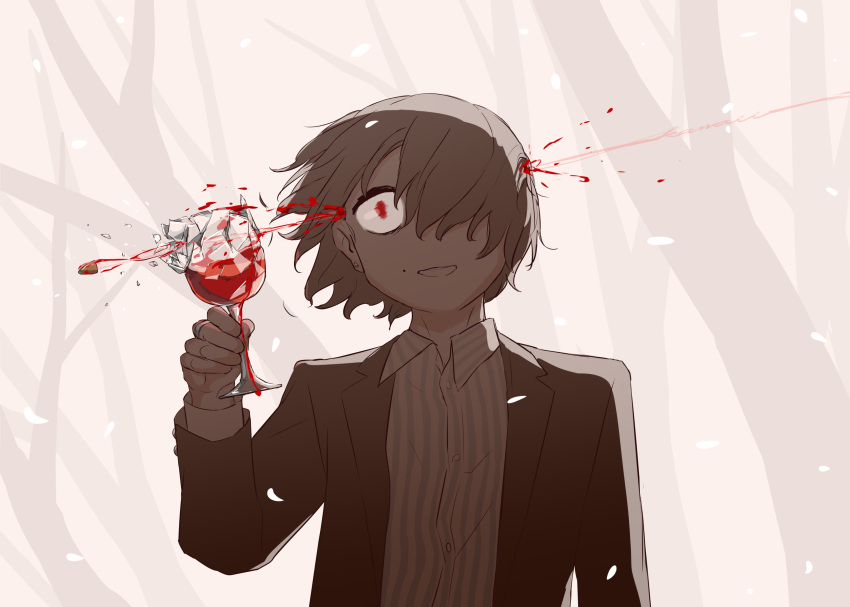 1boy absurdres alcohol avogado6 blood broken_glass brown_hair bullet collared_shirt commentary cup cursive dress_shirt drinking_glass english_commentary falling_petals forest glass grey_jacket hair_over_one_eye hand_up headshot highres holding holding_cup jacket jewelry long_sleeves looking_at_viewer male_focus mole mole_above_mouth monochrome_background murder nature open_clothes open_jacket open_mouth original outdoors petals projectile_trail red_eyes ring romaji_text shirt short_hair sidelighting smile solo straight-on striped_clothes striped_shirt suit_jacket tree upper_body wide-eyed wine wine_glass