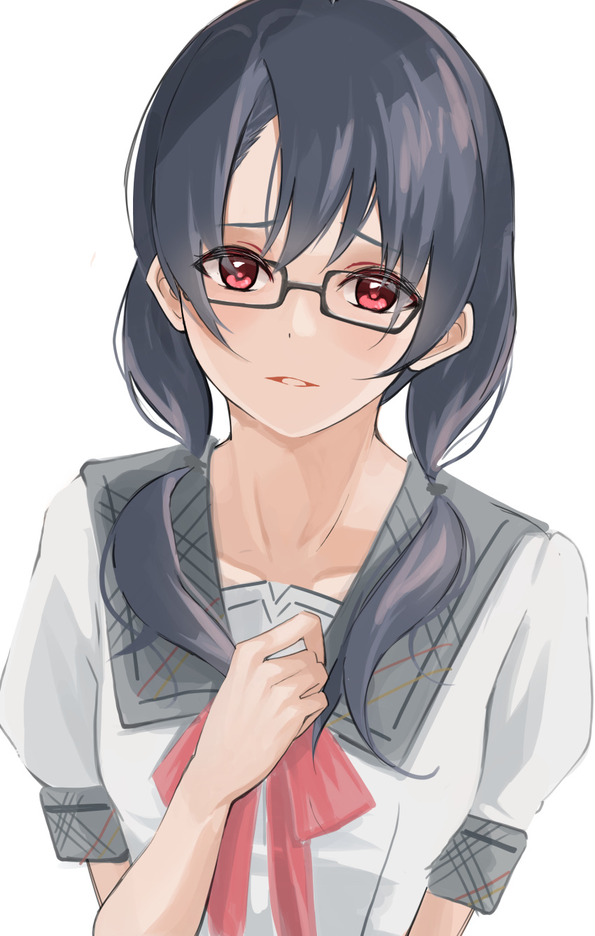 1girl absurdres black_hair bow bowtie glasses grey_sailor_collar harada_(typeharada) highres idolmaster idolmaster_million_live! long_bangs long_hair looking_at_viewer plaid red_bow red_eyes sailor_collar school_uniform short_sleeves simple_background solo takayama_sayoko twintails white_background