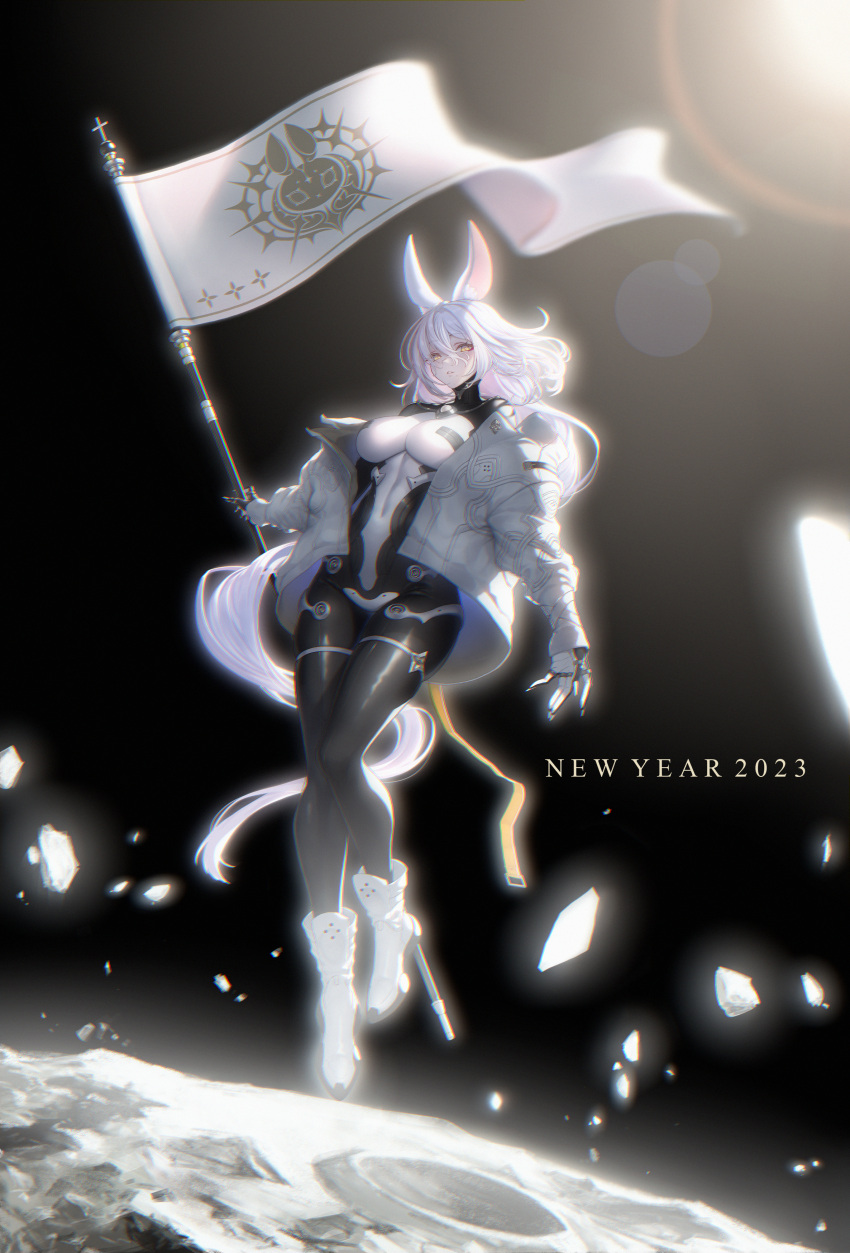 1girl 2023 absurdres animal_ears banner bite_addict black_bodysuit bodysuit boots breasts chinese_zodiac flag floating highres holding_banner impossible_clothes jacket large_breasts long_hair moon nengajou new_year original parted_lips rabbit_ears rabbit_girl science_fiction solo space two-tone_bodysuit white_bodysuit white_footwear white_hair white_jacket year_of_the_rabbit yellow_eyes
