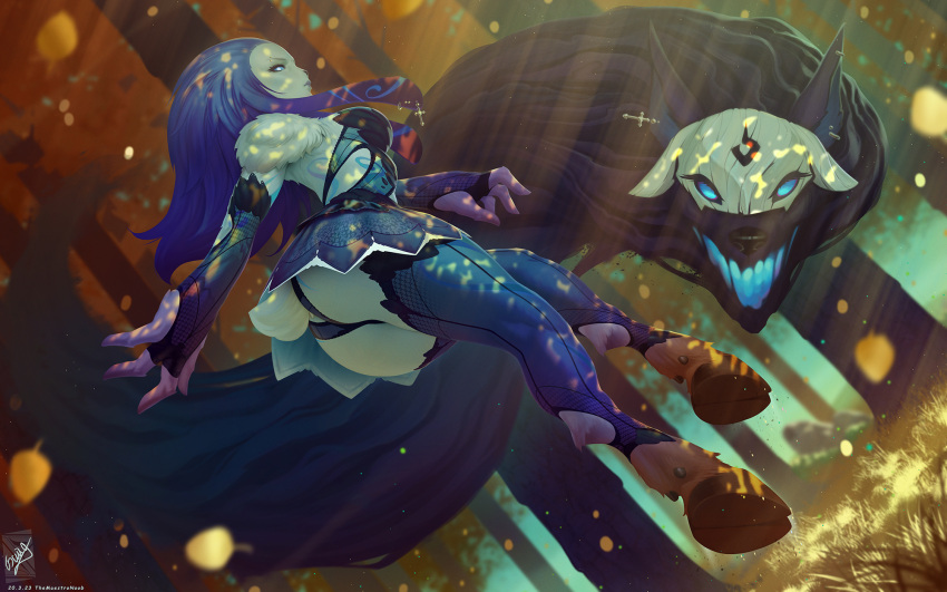 1girl alternate_costume animal_ears artist_name ass black_dress black_gloves black_panties blue_eyes blue_hair blue_thighhighs body_fur dated dress dutch_angle fingerless_gloves from_below gloves glowing glowing_eyes grey_fur highres hooves kindred_(league_of_legends) lamb_(league_of_legends) league_of_legends long_hair no_mask open_mouth outdoors panties sheep_ears sheep_tail tail themaestronoob thighhighs underwear wolf_(league_of_legends)