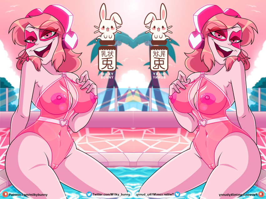 absurdres heart heart-shaped_pupils highres milkybunny miss_heed non-web_source pink_hair seductive_smile see-through_swimsuit smile symbol-shaped_pupils translucent translucent_swimsuit villainous