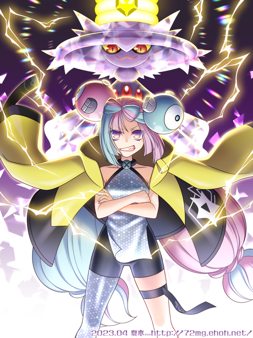 1girl asymmetrical_legwear blue_hair coat coat_on_shoulders crossed_arms dated electricity grin gunbuster_pose highres iono_(pokemon) long_hair low-tied_long_hair mismagius multicolored_hair natsumoto pink_hair pokemon pokemon_(creature) pokemon_sv purple_eyes smile terastallization thigh_strap two-tone_hair web_address