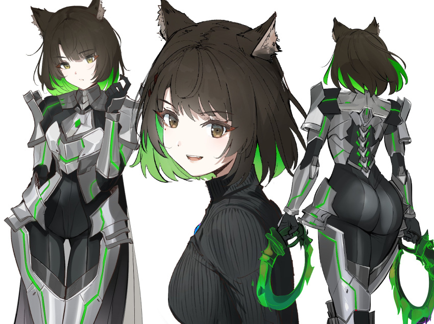 1girl adapted_costume alternate_eye_color alternate_hair_color animal_ear_fluff animal_ears armor ass ass_focus black_hair cat_ears chest_jewel green_hair highres holding holding_weapon m_(xenoblade) mio_(xenoblade) multicolored_hair multiple_views official_alternate_costume open_mouth ormille short_hair solo two-tone_hair weapon xenoblade_chronicles_(series) xenoblade_chronicles_3 yellow_eyes