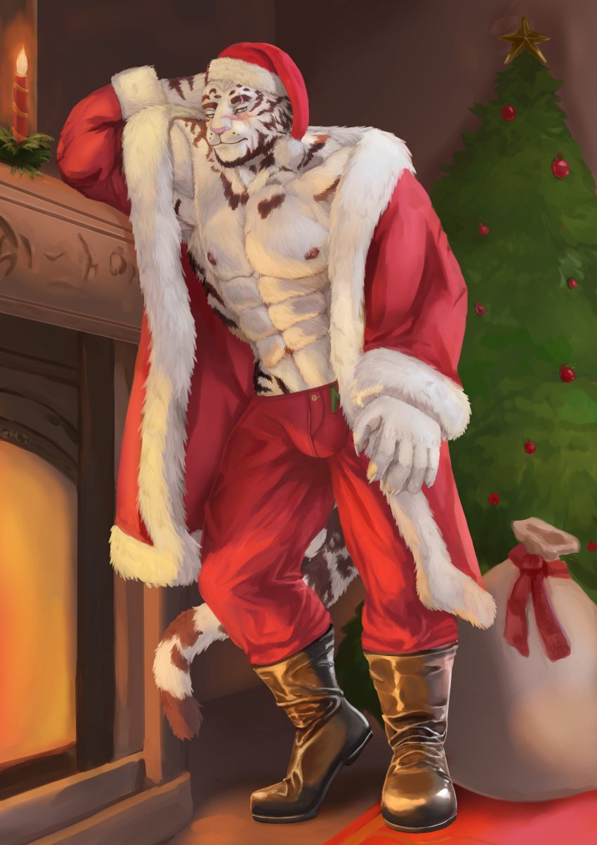 1boy abs absurdres alternate_costume arknights artist_request bara bare_pectorals bulge christmas christmas_ornaments christmas_stocking christmas_tree coat come_hither fireplace furry furry_male gift hat highres large_pectorals looking_at_viewer male_focus mountain_(arknights) muscular muscular_male navel nipples open_clothes open_coat pants pectorals red_headwear rug santa_costume santa_hat scar scar_across_eye short_hair solo standing stomach thick_eyebrows tiger_boy
