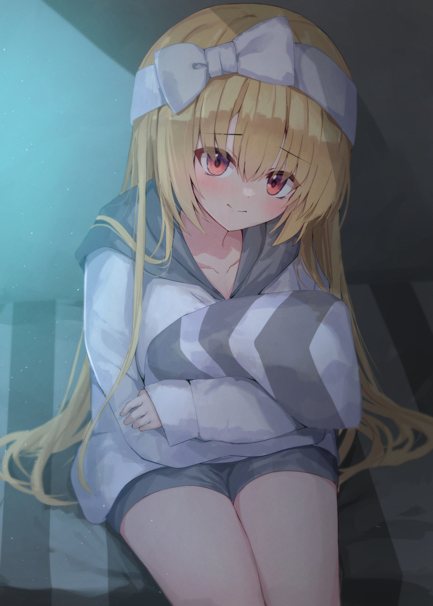 1girl absurdres arihara_nanami black_shorts blonde_hair blush bow closed_mouth collarbone colored_eyelashes commentary cowboy_shot crossed_arms eyelashes eyes_visible_through_hair hair_between_eyes hair_bow hair_down hair_over_shoulder hair_spread_out highres hood hood_down hoodie hugging_object indoors light_particles light_smile long_hair looking_at_viewer moonbeam moonlight night nodoameyatou on_bed pillow pillow_hug red_eyes riddle_joker shorts sidelighting sitting sleeves_past_wrists solo split_mouth straight_hair tsurime very_long_hair white_bow white_hoodie