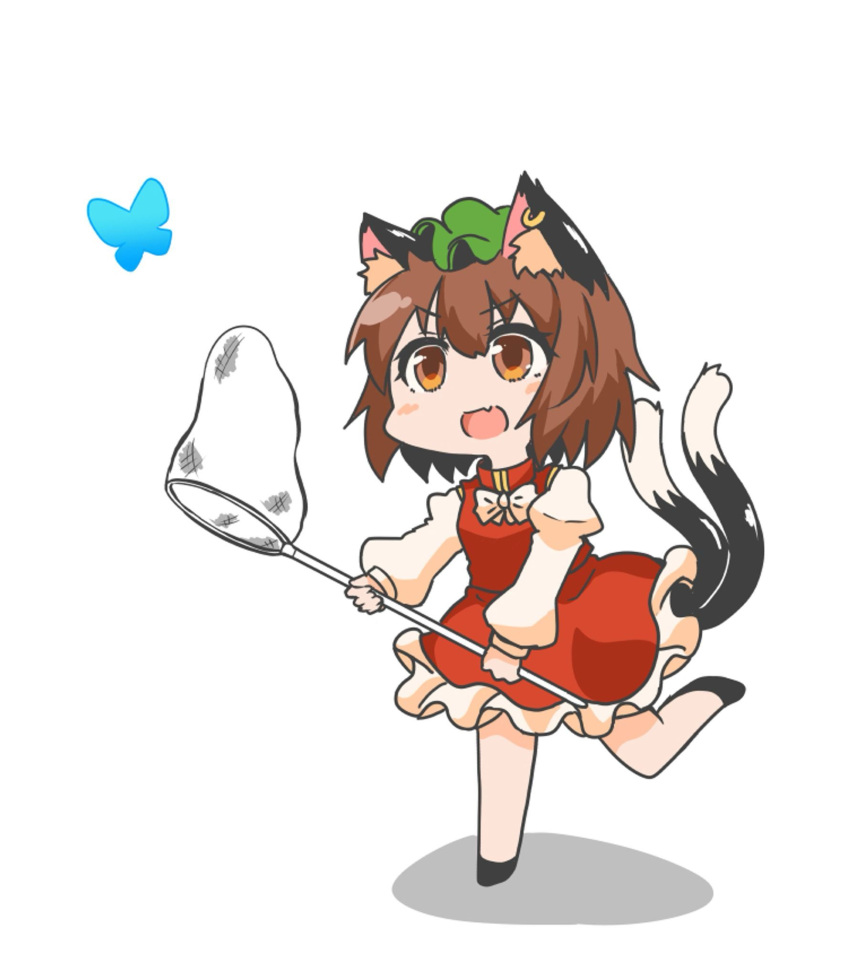 1girl :d animal_ear_fluff animal_ear_piercing animal_ears blush bow bowtie brown_eyes brown_hair bug butterfly butterfly_net cat_ears cat_tail chen chibi dress earrings fang green_headwear hair_between_eyes hand_net hat highres holding holding_butterfly_net jewelry juliet_sleeves long_sleeves mob_cap multiple_tails nekomata open_mouth puffy_sleeves red_dress running shadow shiromamekei simple_background single_earring skin_fang smile solo tail touhou two_tails v-shaped_eyebrows white_background white_bow white_bowtie